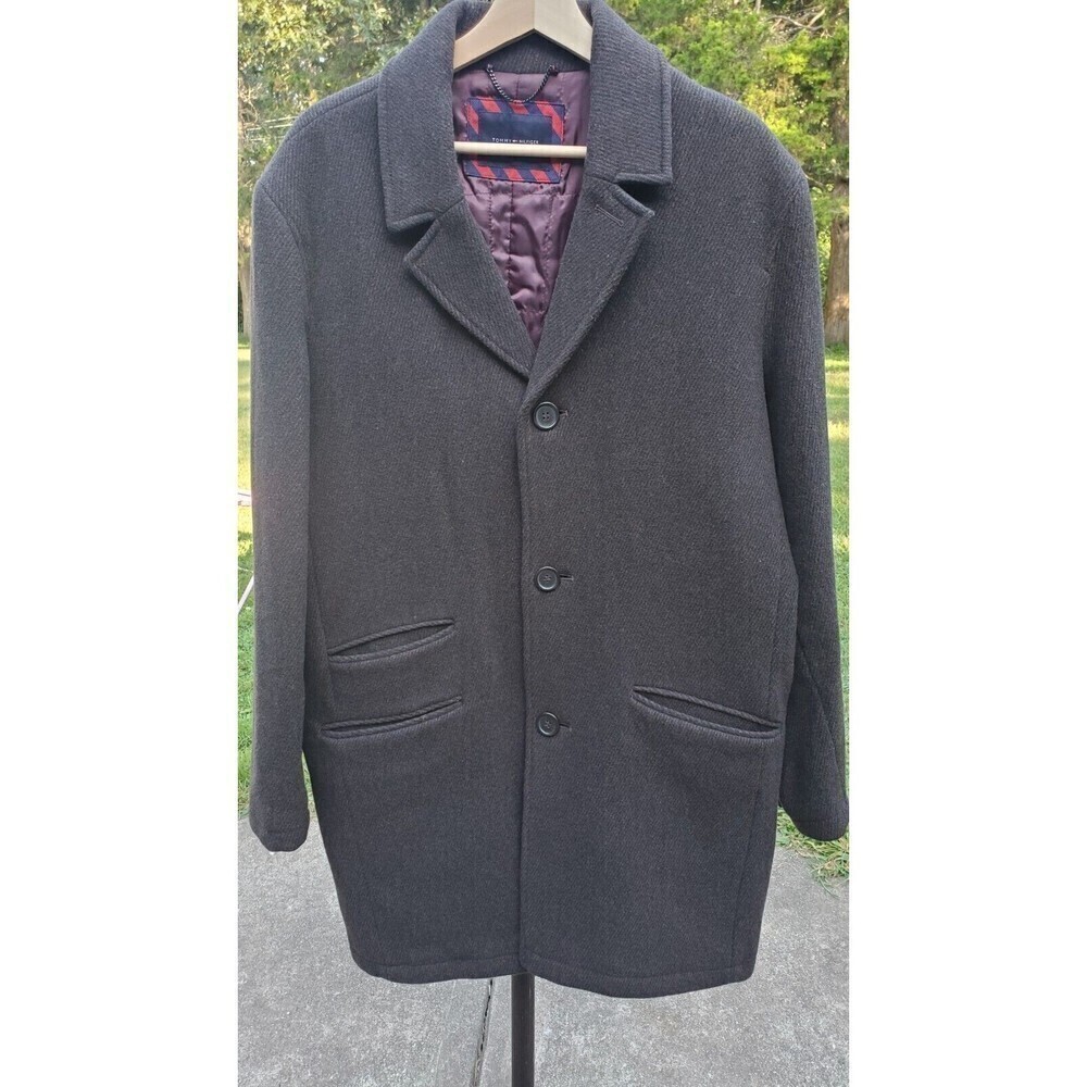 Tommy Hilfiger‎ Mens Over Coat Quilted Jacket Wool Size Large Brown Long Coat